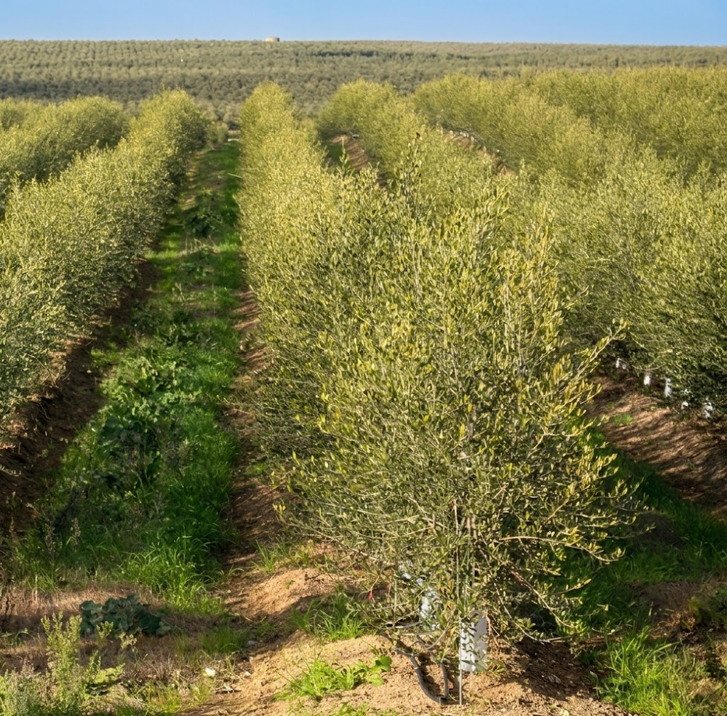 Reihen von Olivenbäumen auf einem Feld mit grasbewachsenen Wegen und blauem Himmel